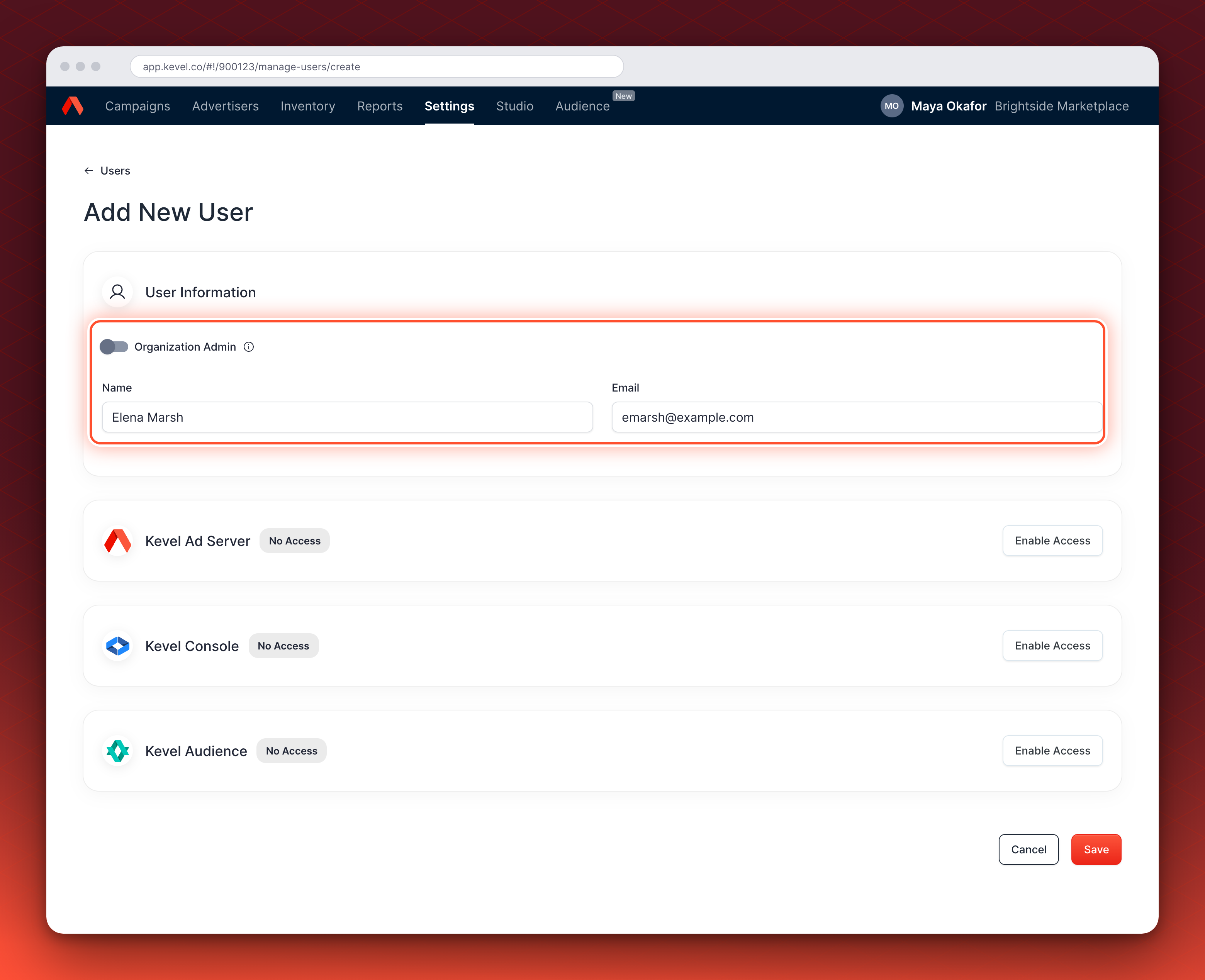 The Add New User page with the Organization Admin switch, Name field, and Email field circled. The Kevel Ad Server, Kevel Console, and Kevel Audience cards below show No Access.