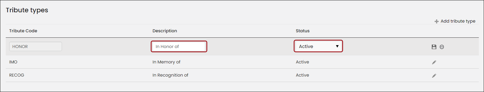 Viewing the Description and Status of a tribute type