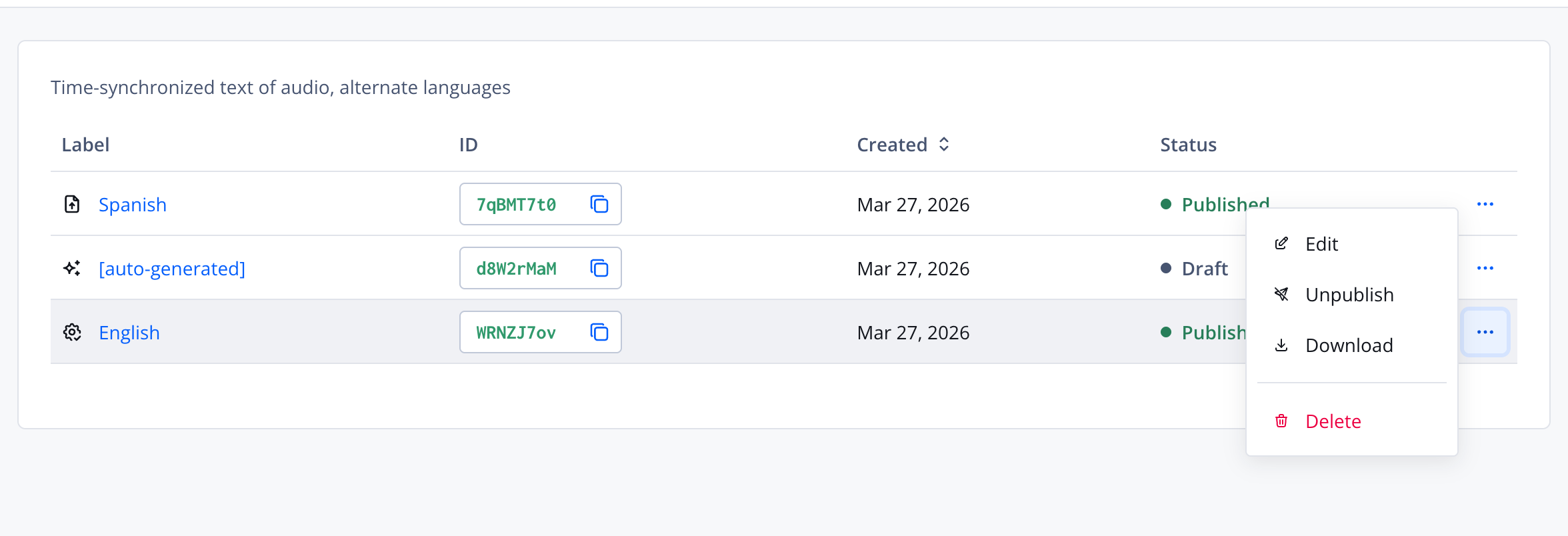 Captions tracks panel