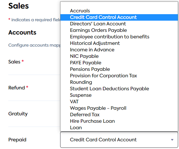 A dropdown list displaying nominal accounts that can be used to map **Prepaid** (click to expand).