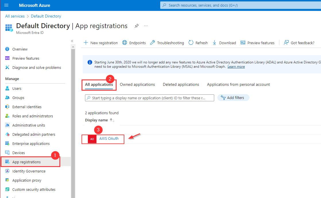 Selecting the Axis application in **Azure Portal**