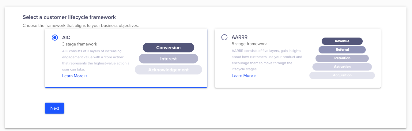 Screenshot of the dashboard, displaying options to choose framework for the lifecycle.