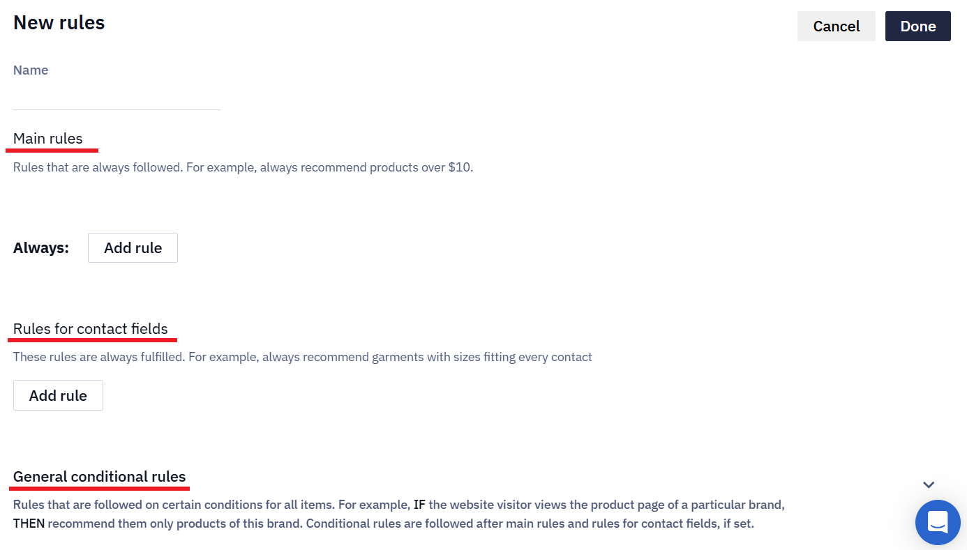 Three rule types: Main, For contact fields, and General conditional rules