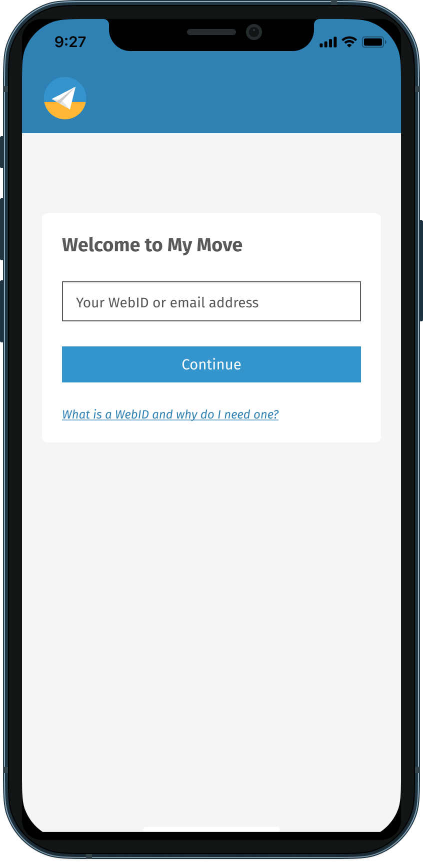 The first screen of the My Move onboarding journey. Here, enabling the user to enter an email address or WebID in the same input field helps to improve conversion.