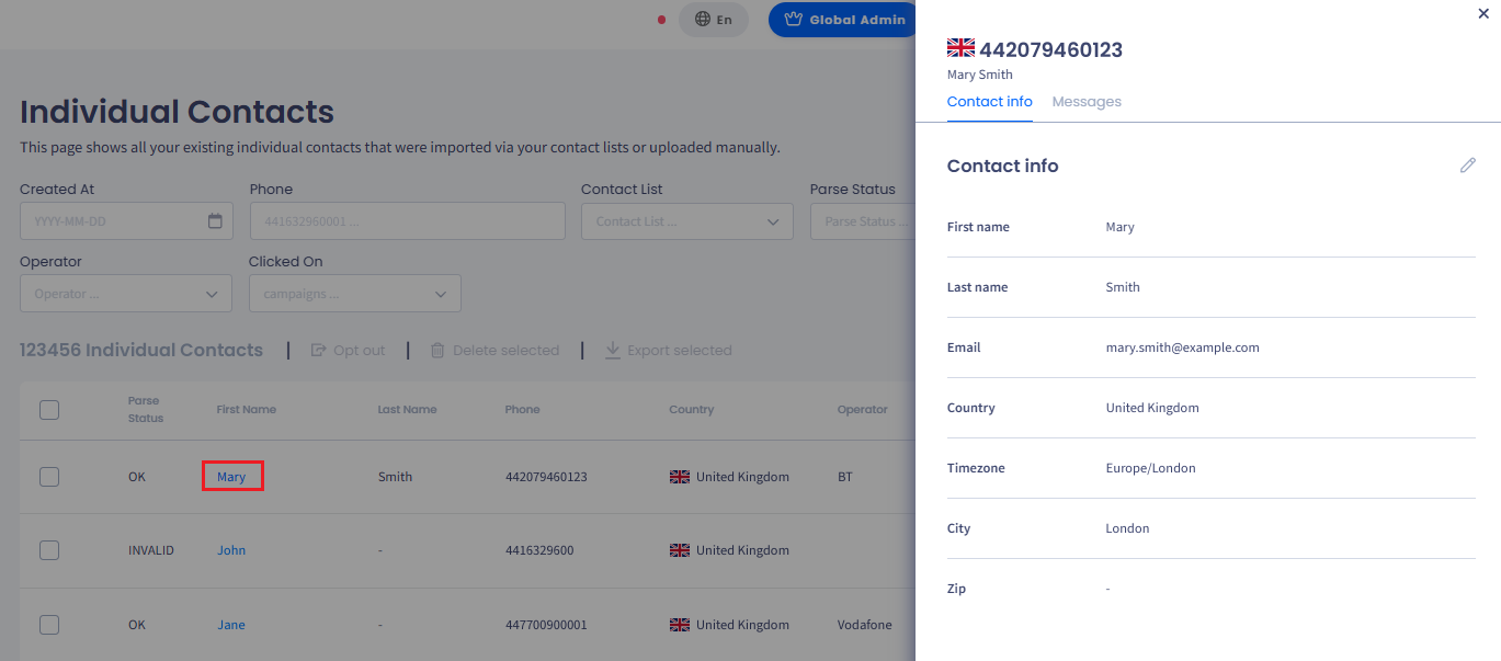 Screenashot of the individual contact details sidebar