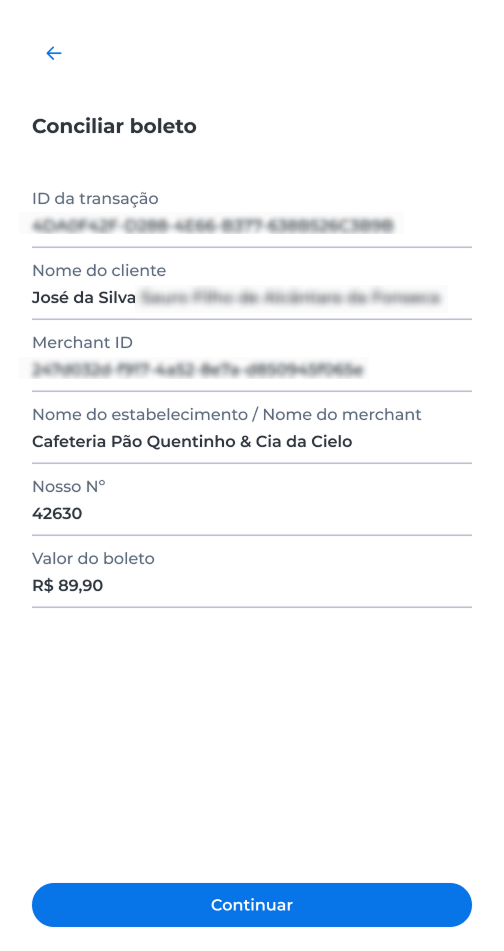 Reconcile boleto panel with transaction data and Continue button