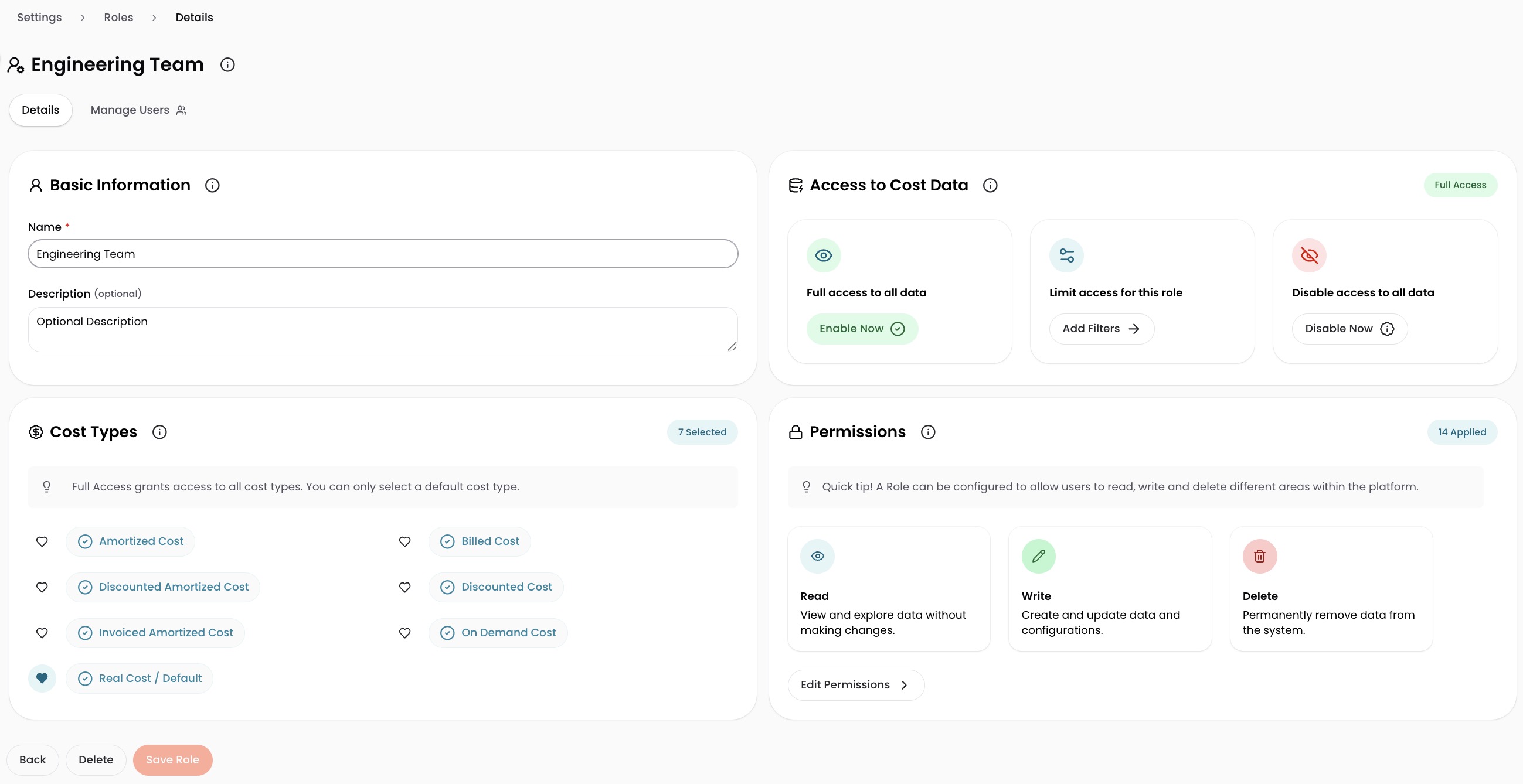 Role details page after creating a Full Access Role