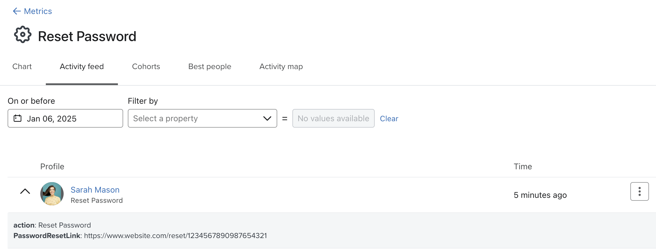 A reset password event shown in the metrics activity log