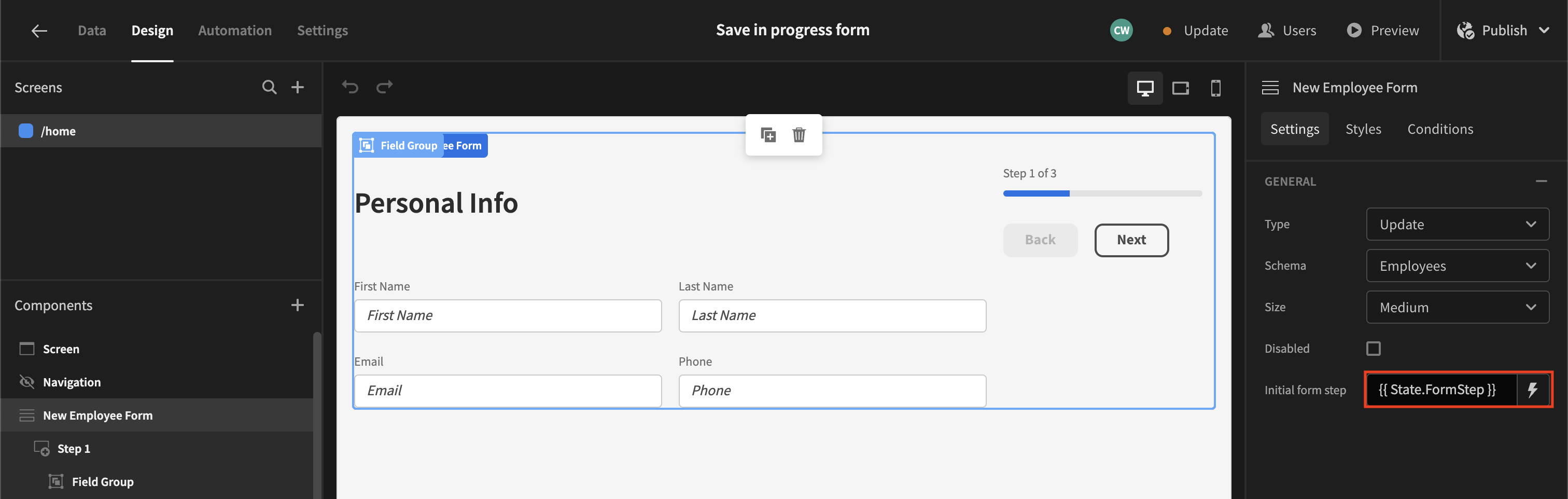 Image highlighting the initial form step field within the form to preset what step the form is on.