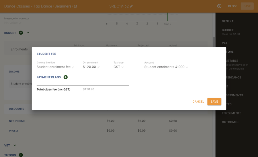 Setting the Student enrolment fee. This example has set it at $120 inclusive of GST