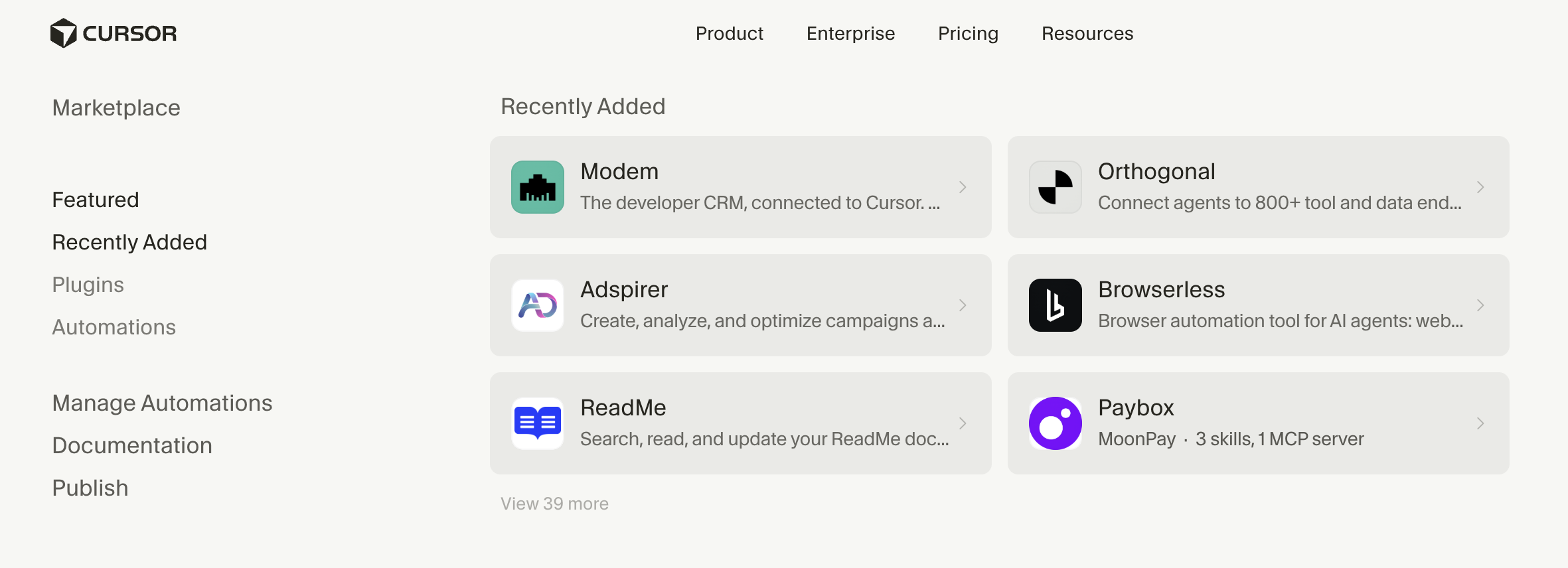 The Cursor marketplace showing the ReadMe plugin listed under Recently Added. The card displays the ReadMe icon, plugin name, and description 'Search, read, and update your ReadMe docs, API reference, and changelog' with an Add to Cursor button.