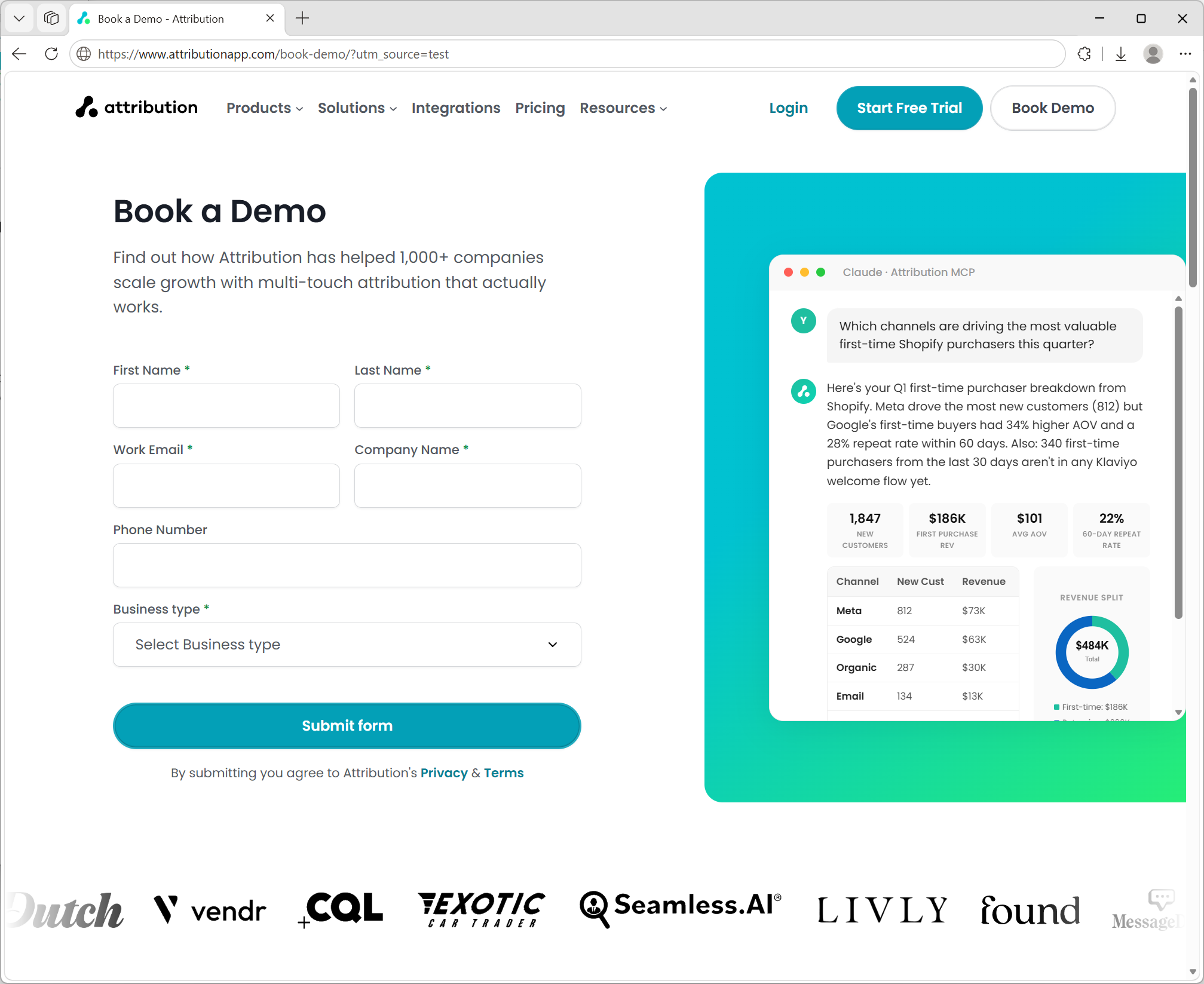 The attributionapp.com Book a Demo form, reached through a URL with utm_source=test: the page view is recorded by page(), the submit by identify() and track()