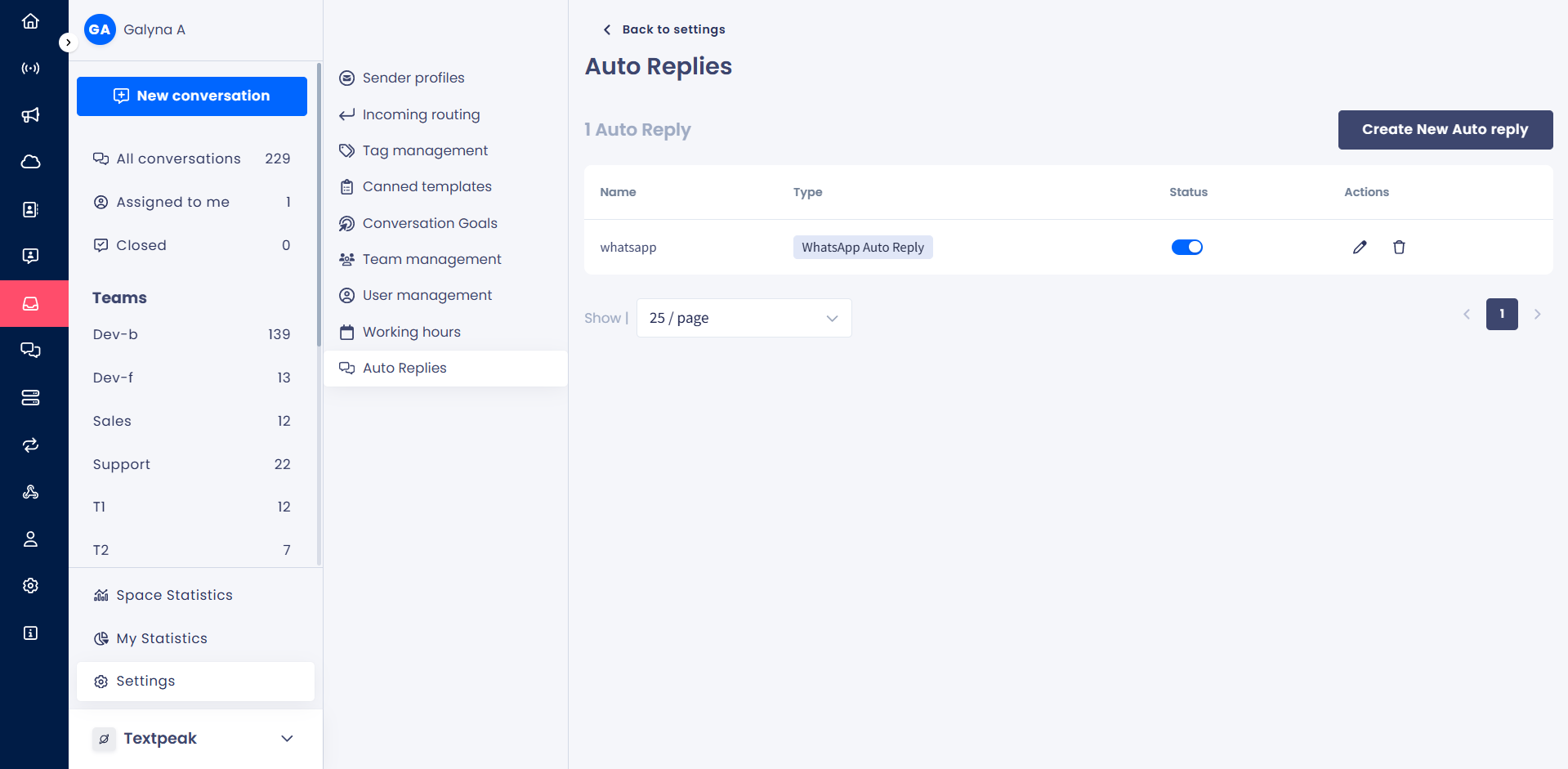 Screenshot of the Create New Auto Reply button