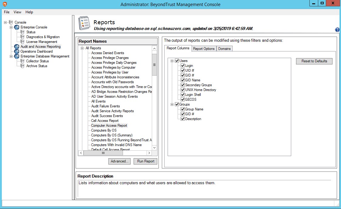 Report configuration for computer access in BeyondTrust Management Console