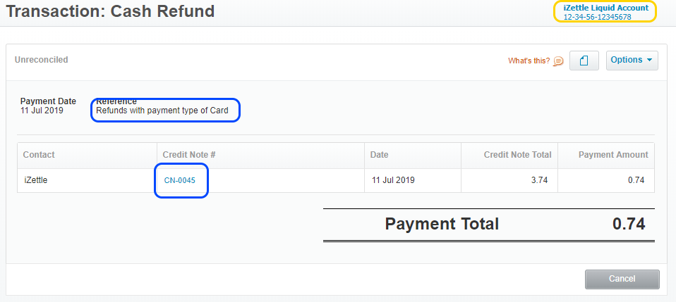 refunds-card.png A cash refund in Xero that represents a card refund to the **Payment** account configured for card payments (click to expand).