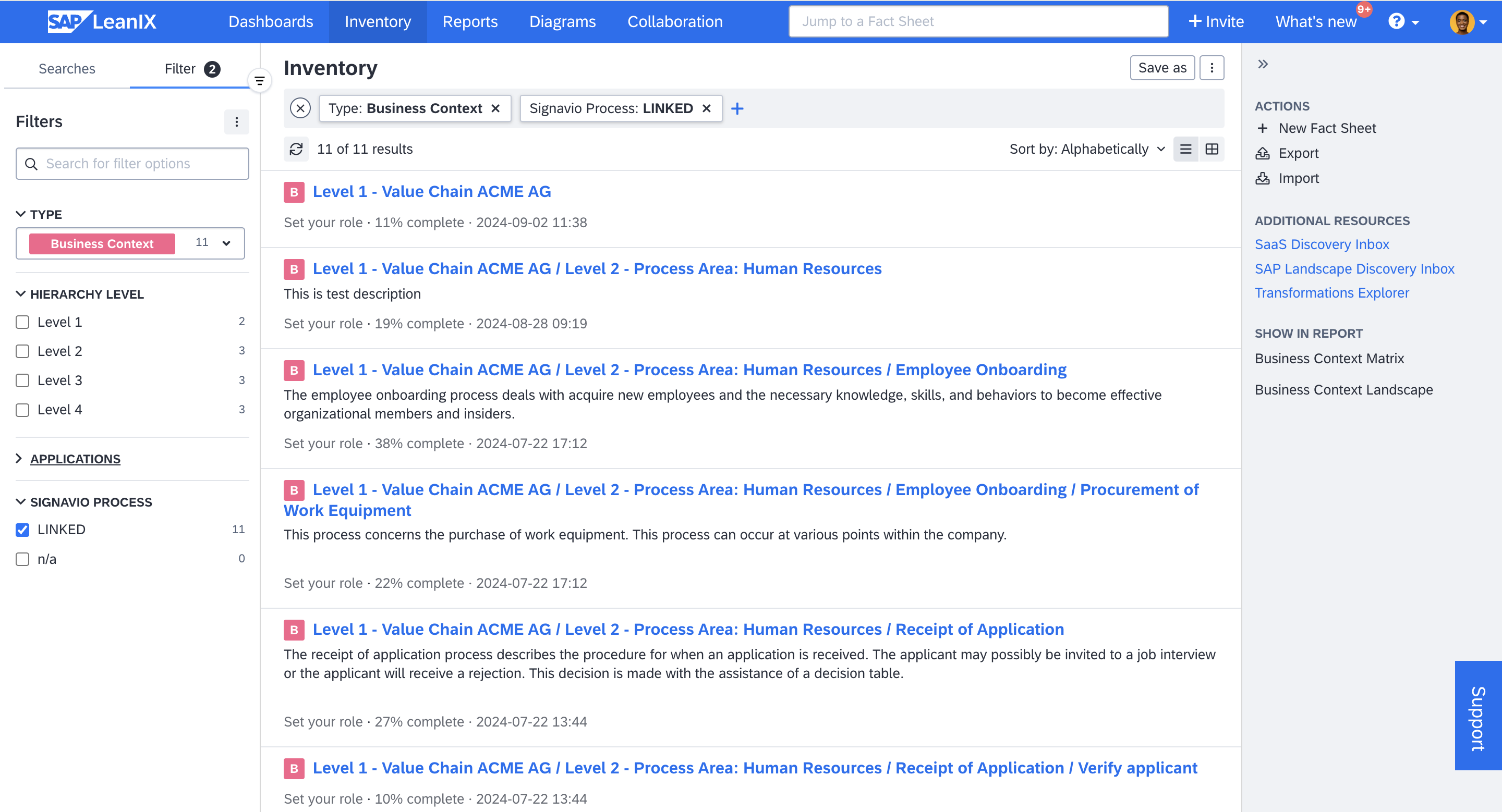 Filtering for Linked Business Context Fact Sheets in Inventory