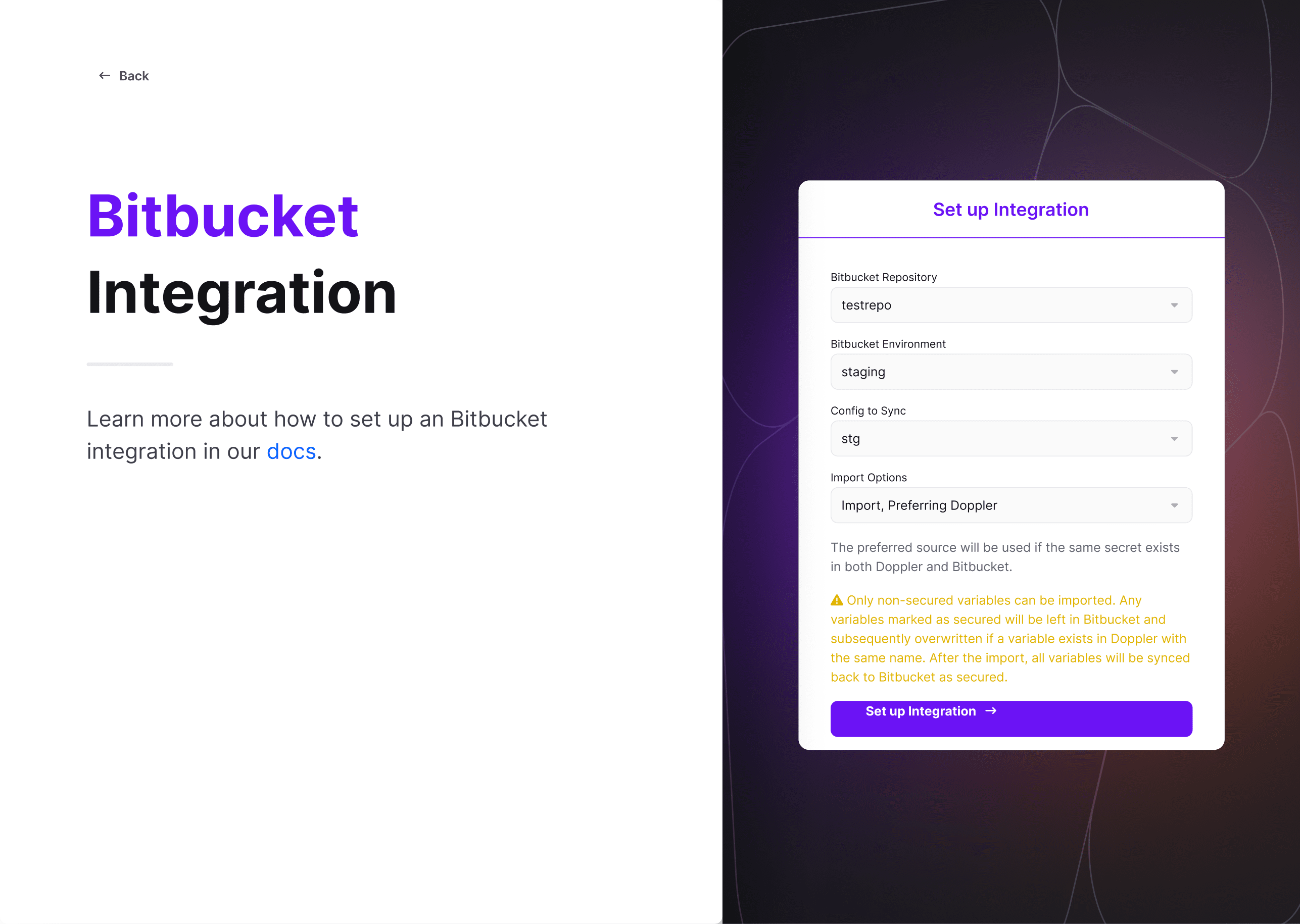 Screenshot of Bitbucket integration configuration