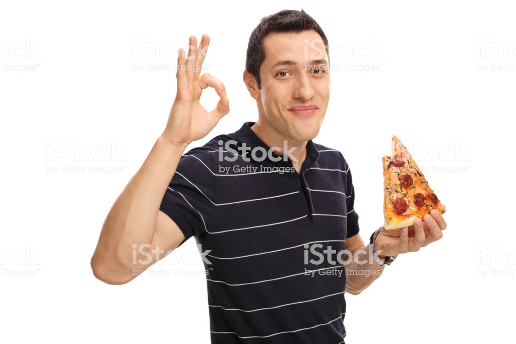 Bro eats pizza and makes an OK gesture.