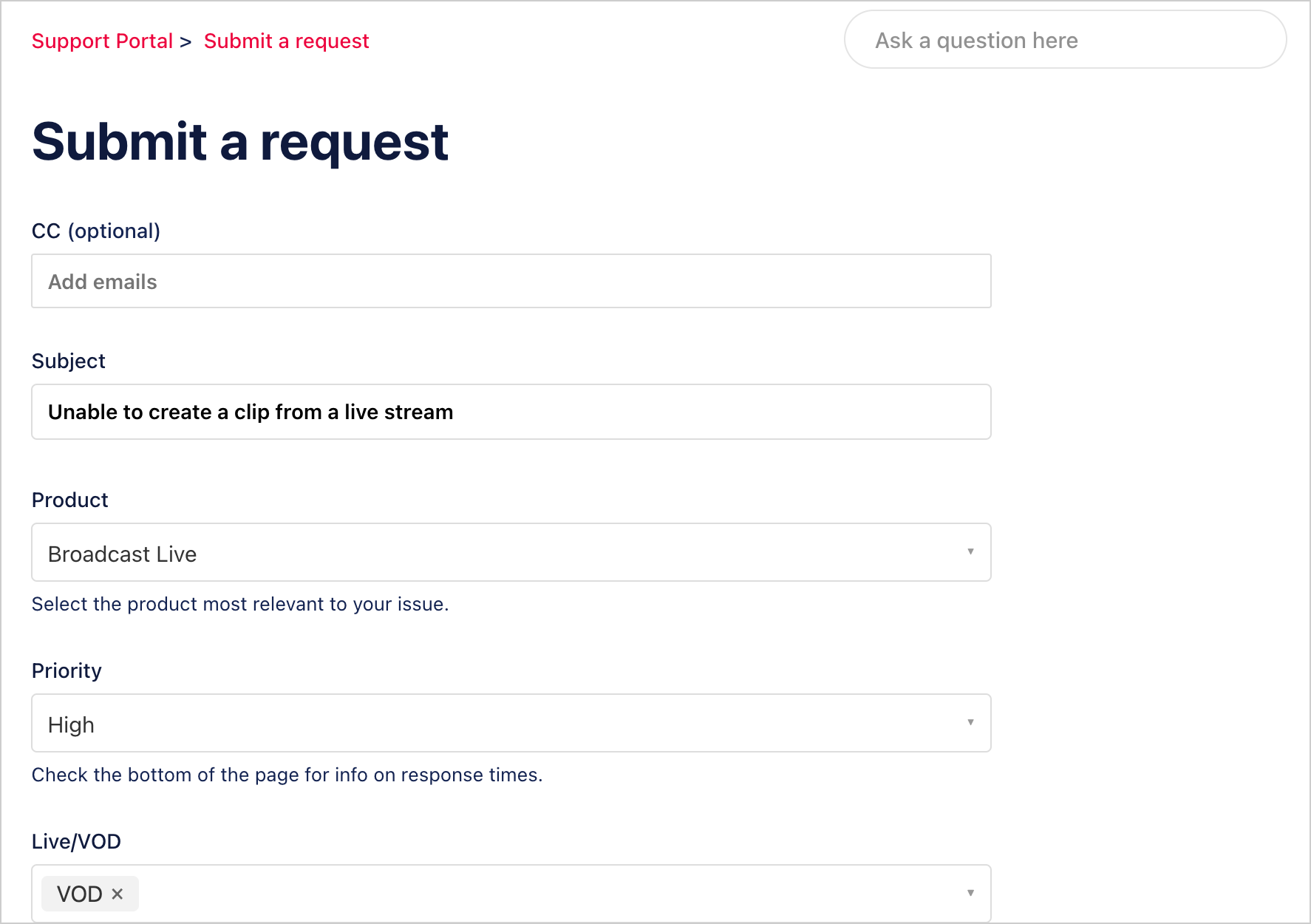 Submit a request page