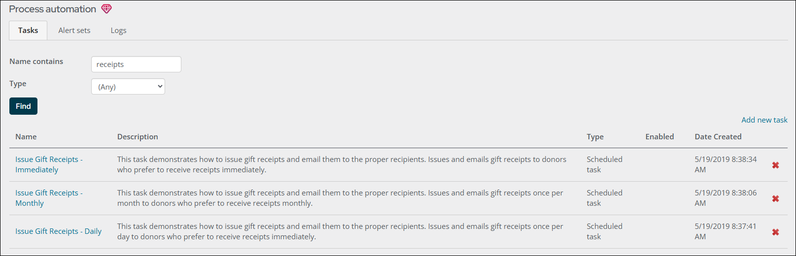 Gift receipt automated tasks