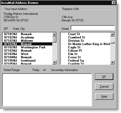 AccuMail Address Browse window.