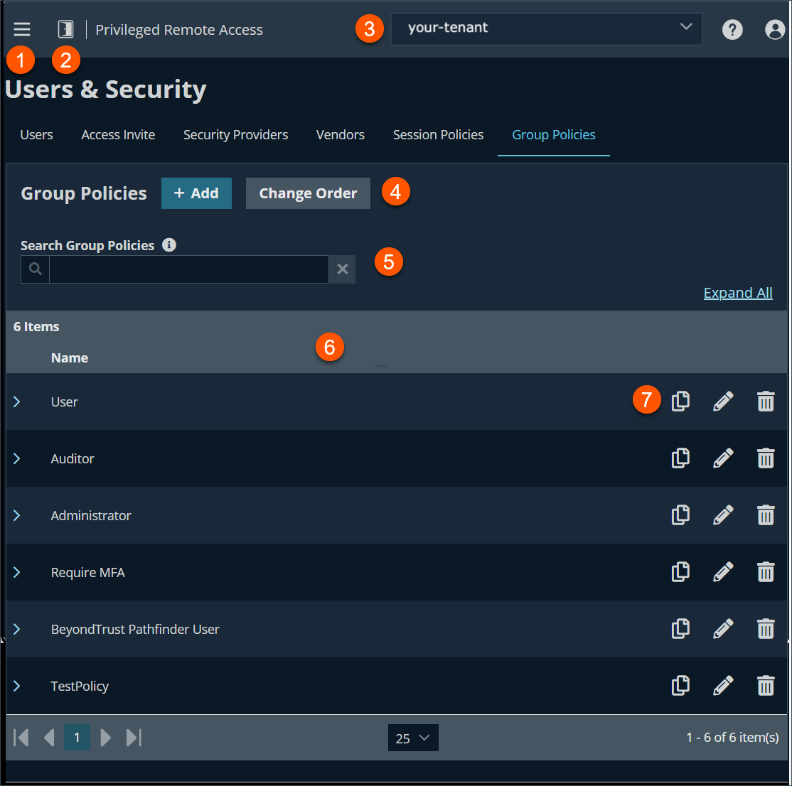 An image of BeyondTrust Privileged Remote Access interface showing the 'Users & Security' page with the 'Group Policies' tab selected. The page includes '+ Add' and 'Change Order' buttons, and a search bar labeled 'Search Group Policies.' A table lists six group policies: User, Auditor, Administrator, Require MFA, BeyondTrust Pathfinder User, and TestPolicy. Each policy entry includes icons for editing, copying, and deleting.