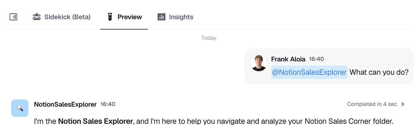 Preview area for testing your agent