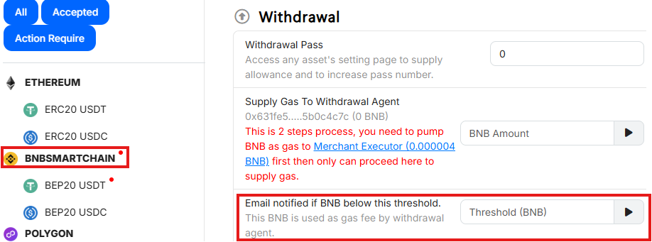 On WEB. Set threshold for gas balance.