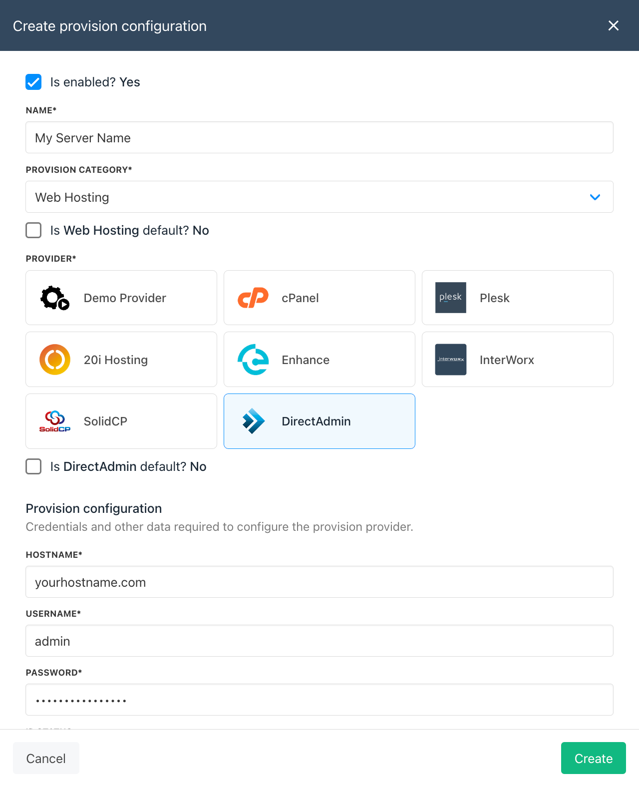 Provision Configuration - DirectAdmin