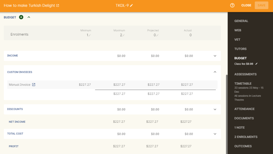 What a manual invoice looks like in the Budget section of a class