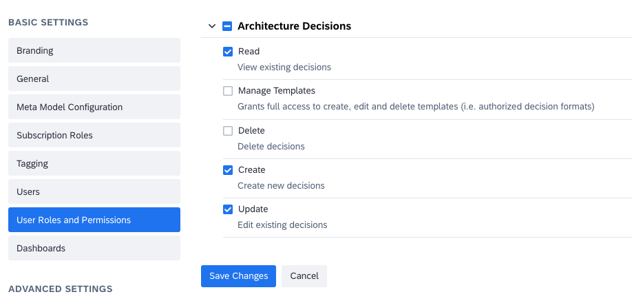 Adjusting Permissions for Architecture Decisions for a Non-Admin User Role