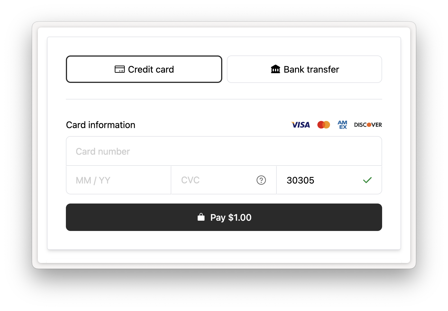 Rainforest Payment Component with Postal Code already filled out from the Payin Config