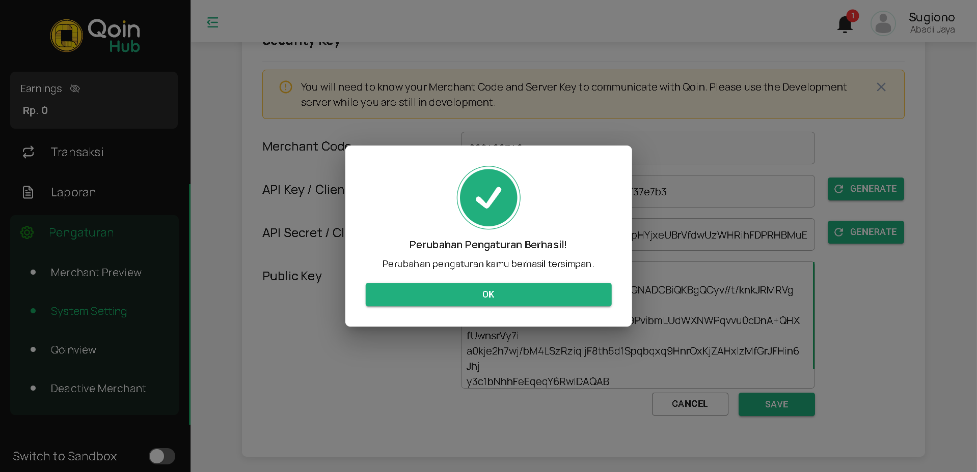 Pop Up Notifikasi Security Key