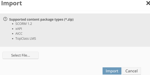 Screenshot showing import options in TopClass LMS.