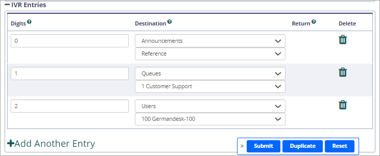  Screenshot of the **IVR Entries** section