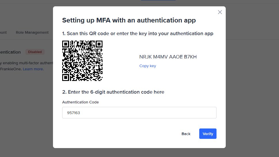 Enter the generated code from the authentication app.
