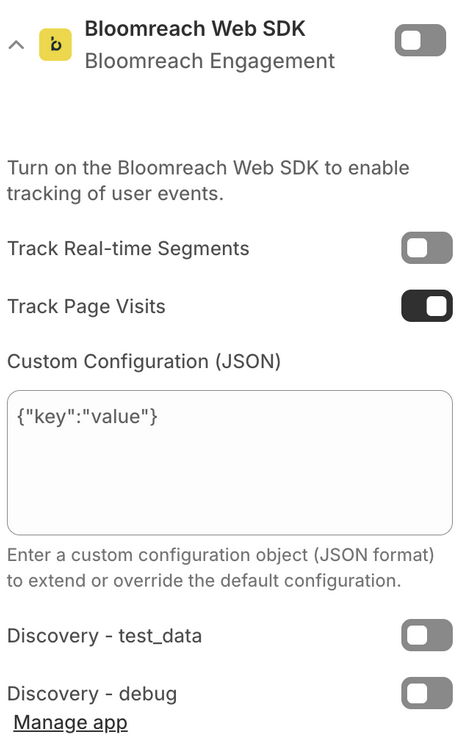 Bloomreach Web SDK configuration panel showing various toggle options and fields