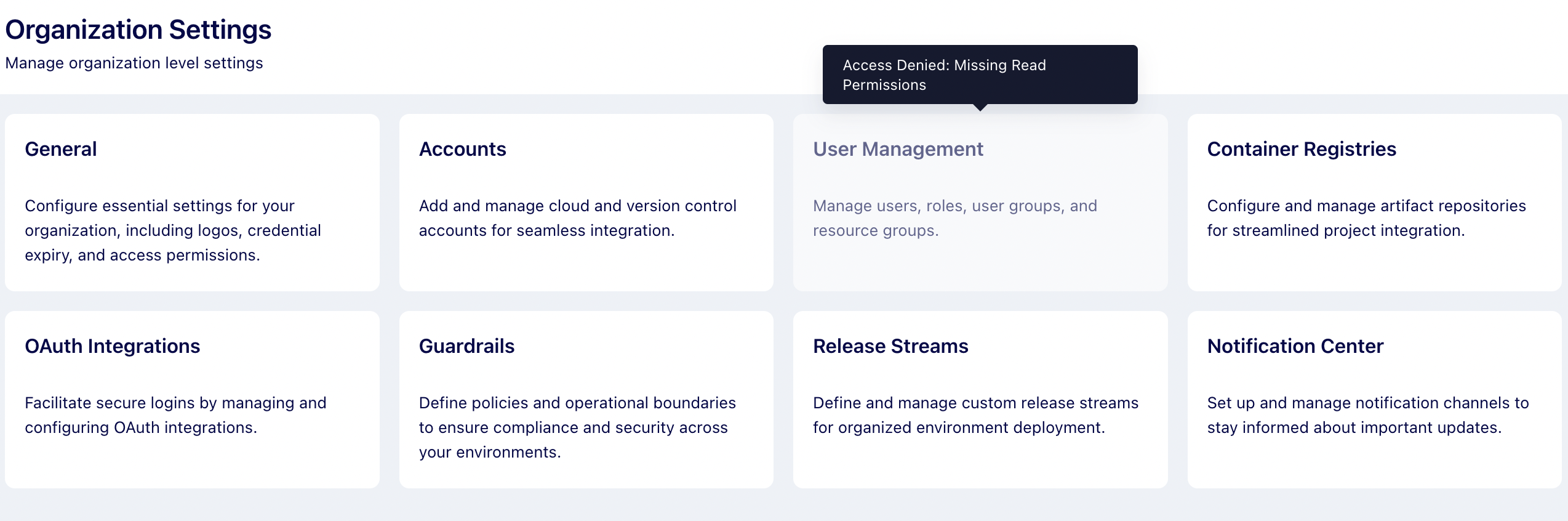 User Management card would be disabled if all the related read permissions are revoked.