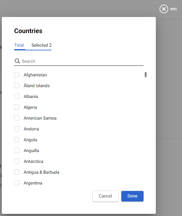 Selecting countries from the list