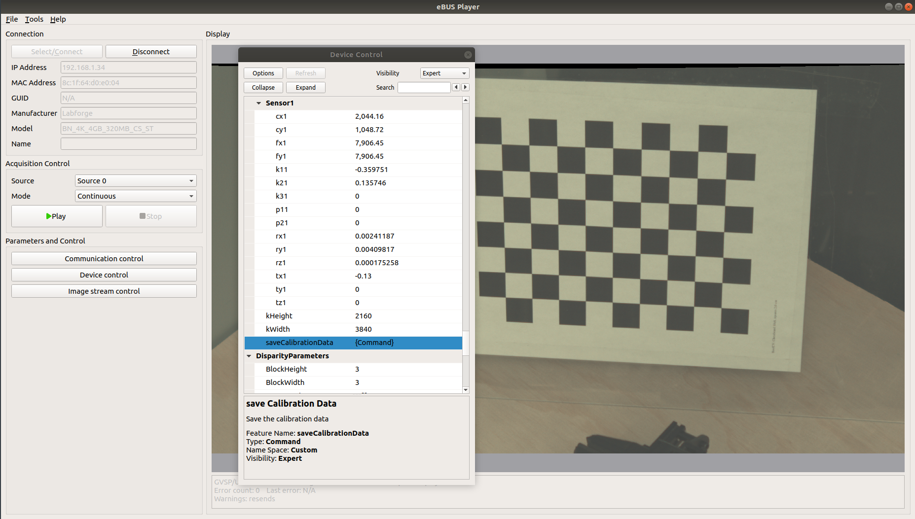 A screenshot of the eBusPlayer showing the Bottlenose calibration parameters with the `saveCalibrationData` button. 
