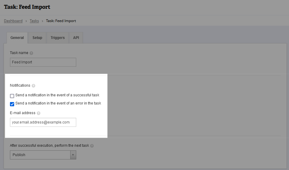 Feed import task configured to have there be an email sent if the feed import fails