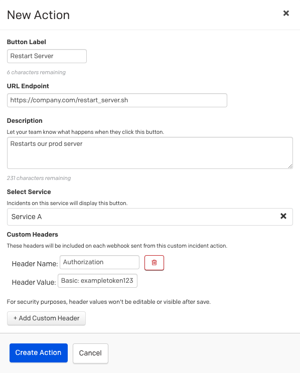 A screenshot of the PagerDuty UI showing an example Custom Incident Action during creation