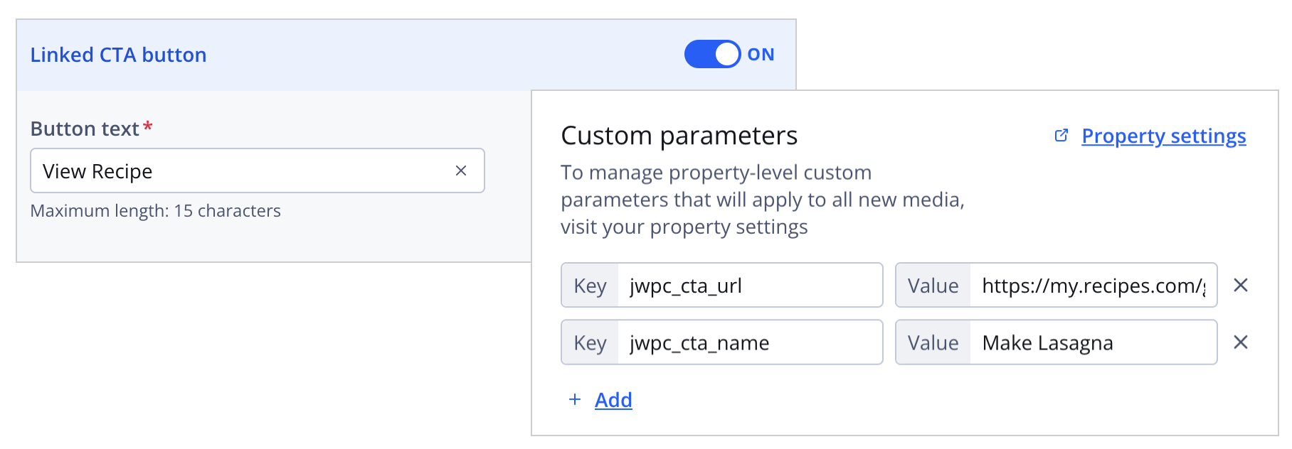 CTA button and media item settings