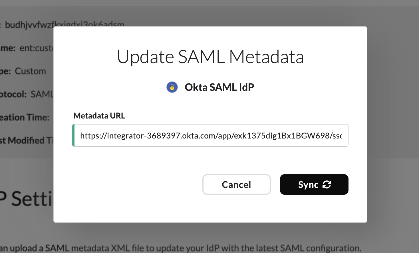 Wristband: Sync SAML Metadata URL modal