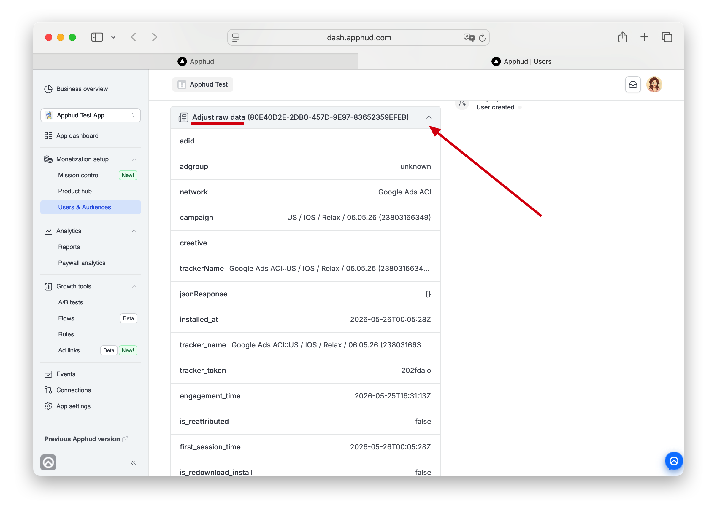 Adjust - Raw Attribution on User page
