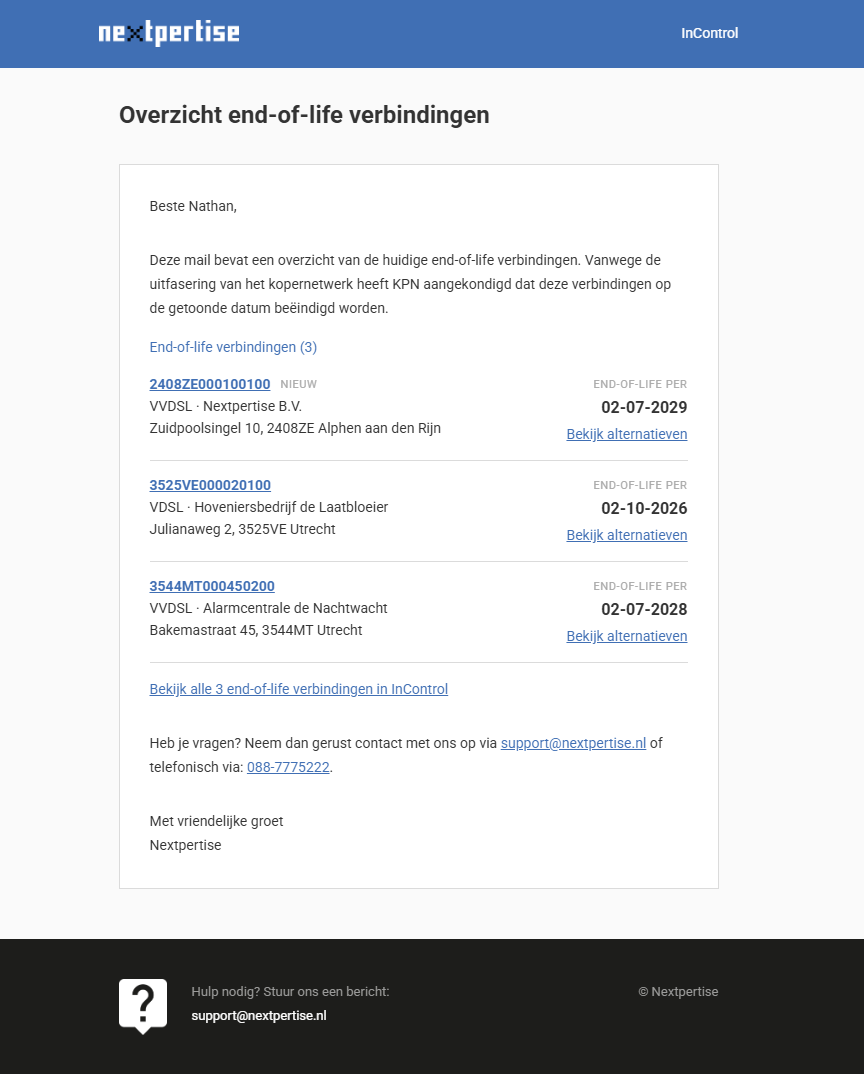 Maandelijkse mail met een overzicht van end-of-life verbindingen