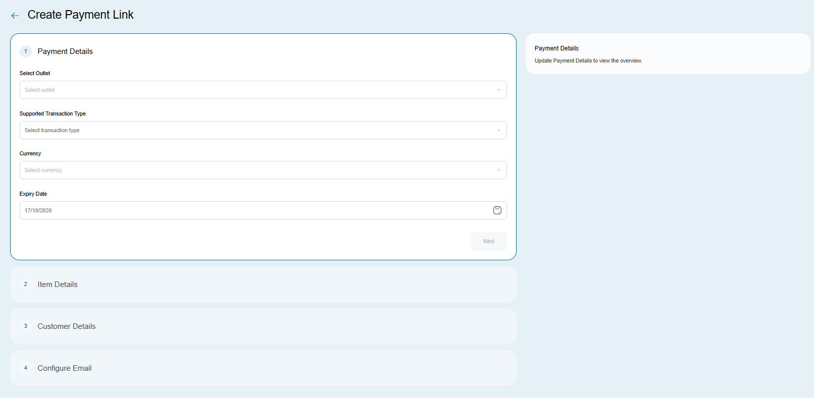 Create Payment Link menu with the Standard option