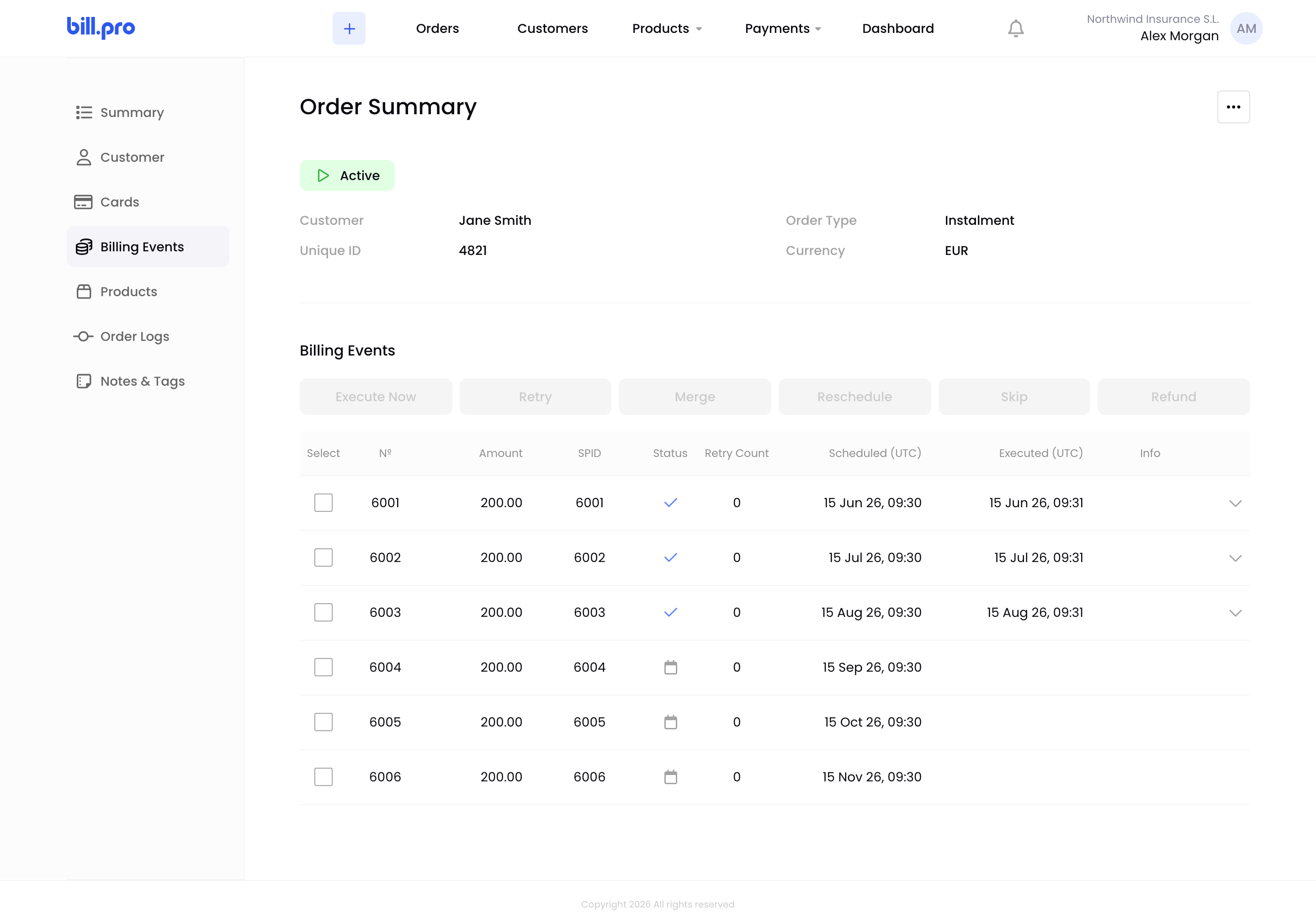 The Billing Events tab of an instalment order