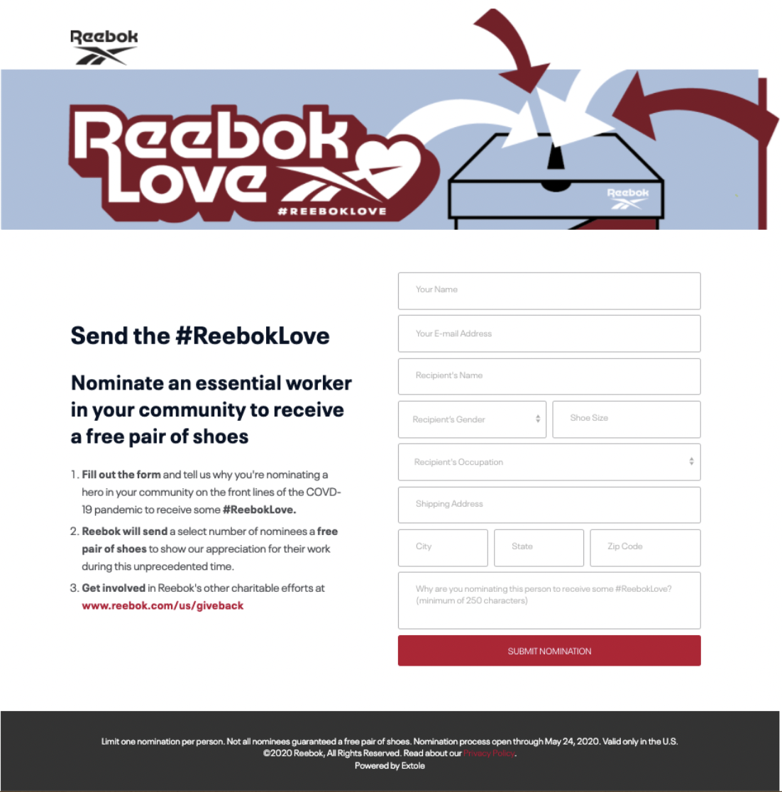 The signup experience for Reebok's Nomination program
