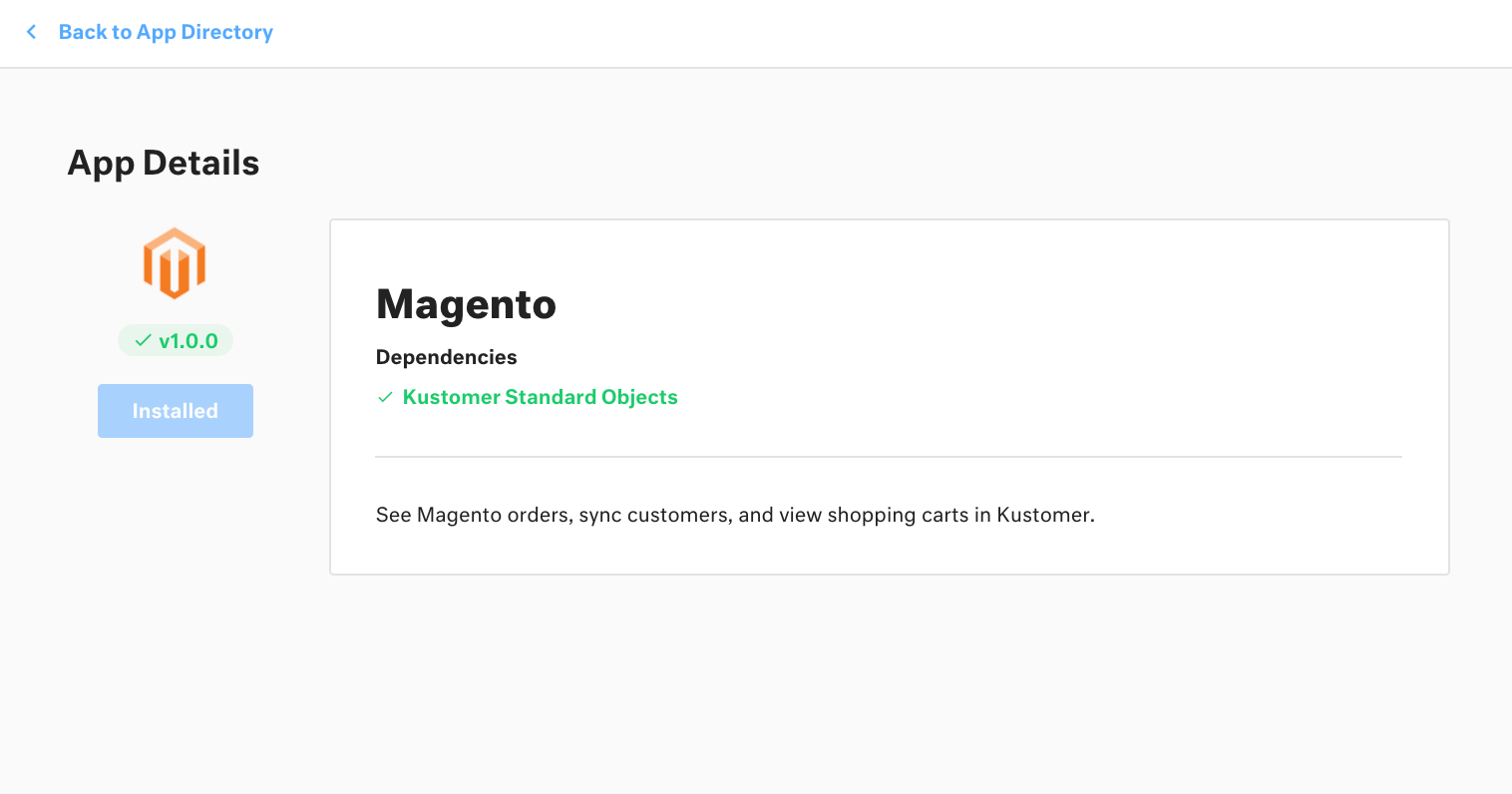 App details page for the Magento app with app title, dependencies, and description.